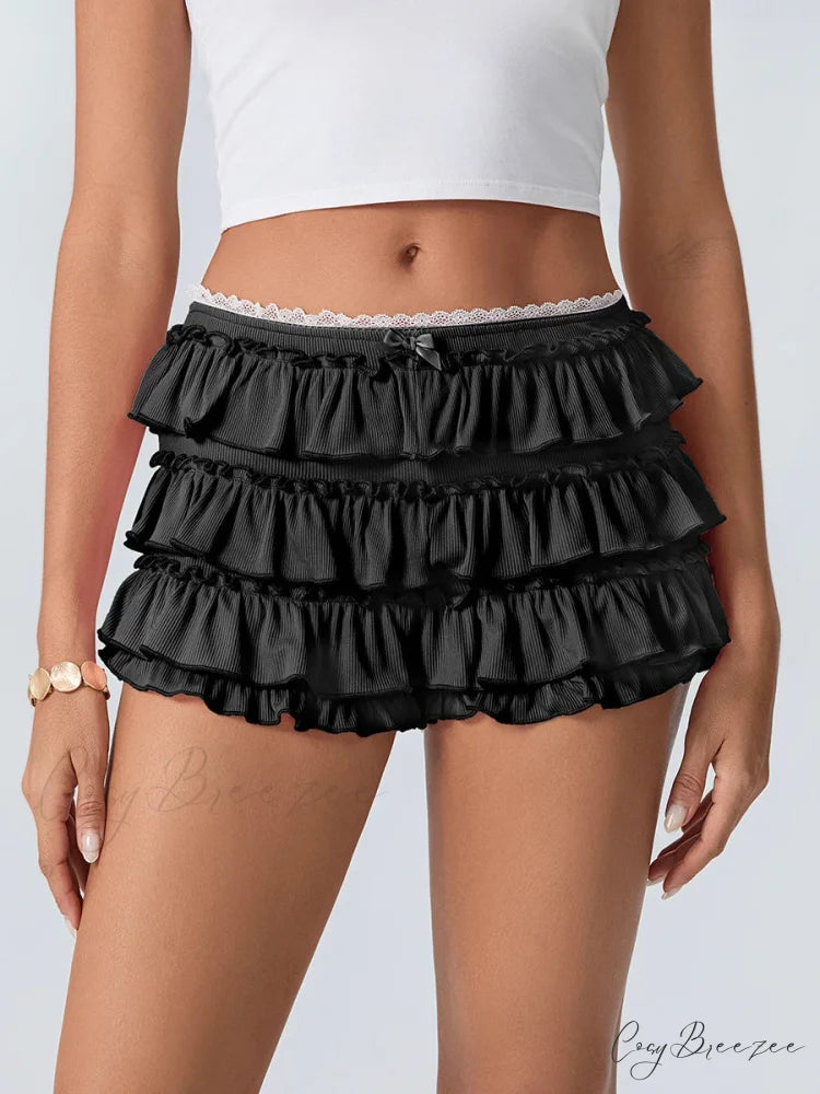 Tiered Ruffled Elastic Waist Shorts Black / S short-250223
