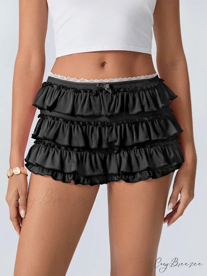 Tiered Ruffled Elastic Waist Shorts Black / S short-250223