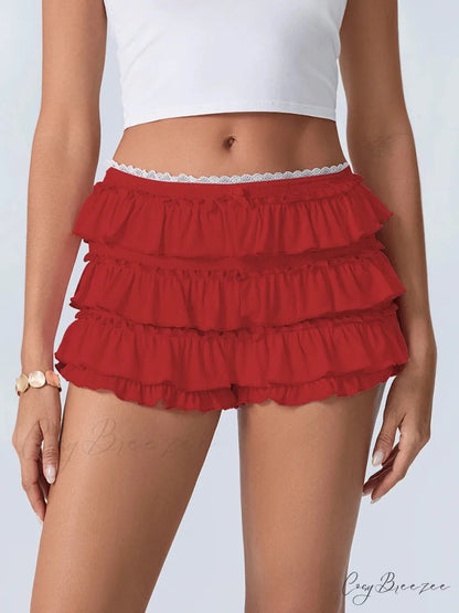 Tiered Ruffled Elastic Waist Shorts Red / S short-250223