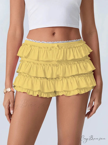 Tiered Ruffled Elastic Waist Shorts Yellow / S short-250223