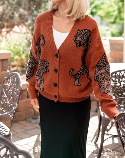 Tiger Print Button-Up Knit Cardigan Beige / S cardigans-241228