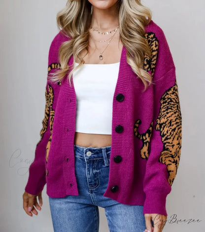 Tiger Print Button-Up Knit Cardigan cardigans-241228