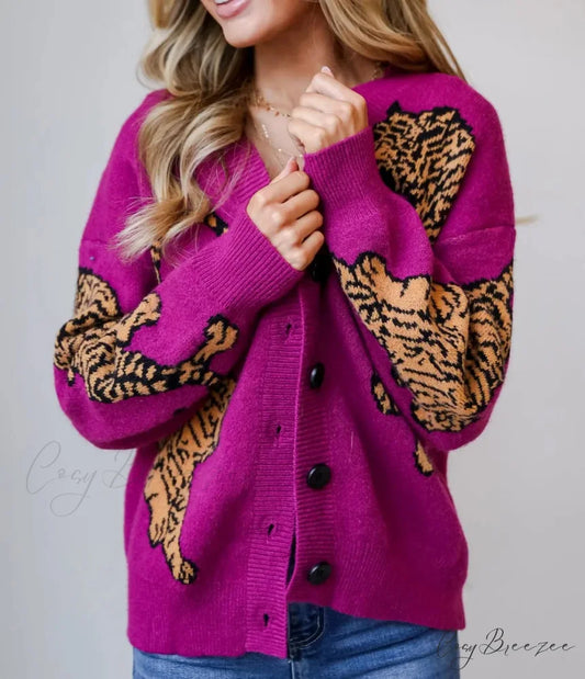 Tiger Print Button-Up Knit Cardigan cardigans-241228