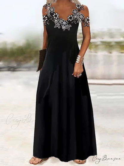 Timeless Grace Black Floral Lace Patchwork Maxi Dress