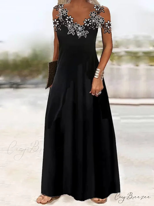Timeless Grace Black Floral Lace Patchwork Maxi Dress
