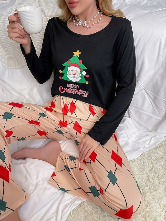 T-shirt and Loungewear - Women's Neck Santa Crew Letter Arm Long Claus Set Pant