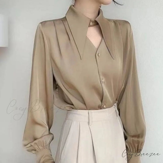 Top Arm Chic Spring Elegant Neckline Turn-down OL Long Blouse Women’s Blouse Clothing Apricot / S