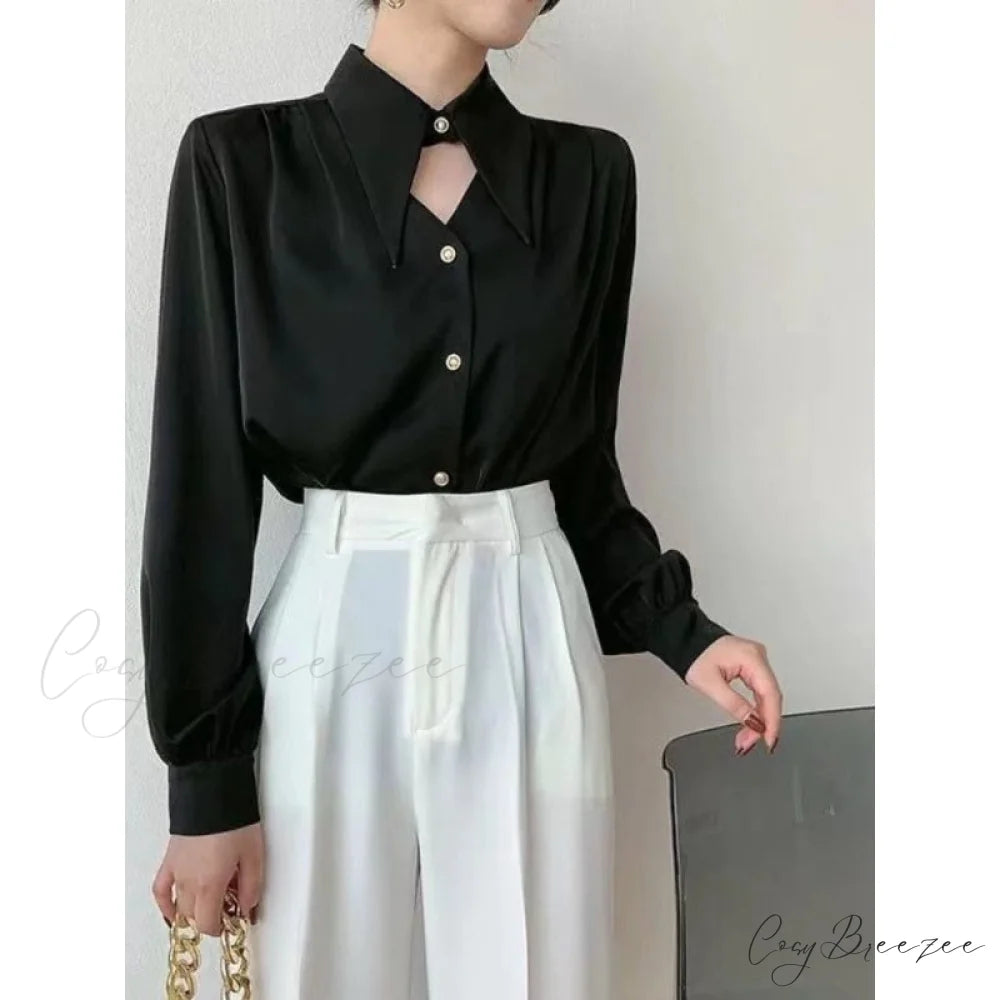 Top Arm Chic Spring Elegant Neckline Turn-down OL Long Blouse Women’s Blouse Clothing balck / S