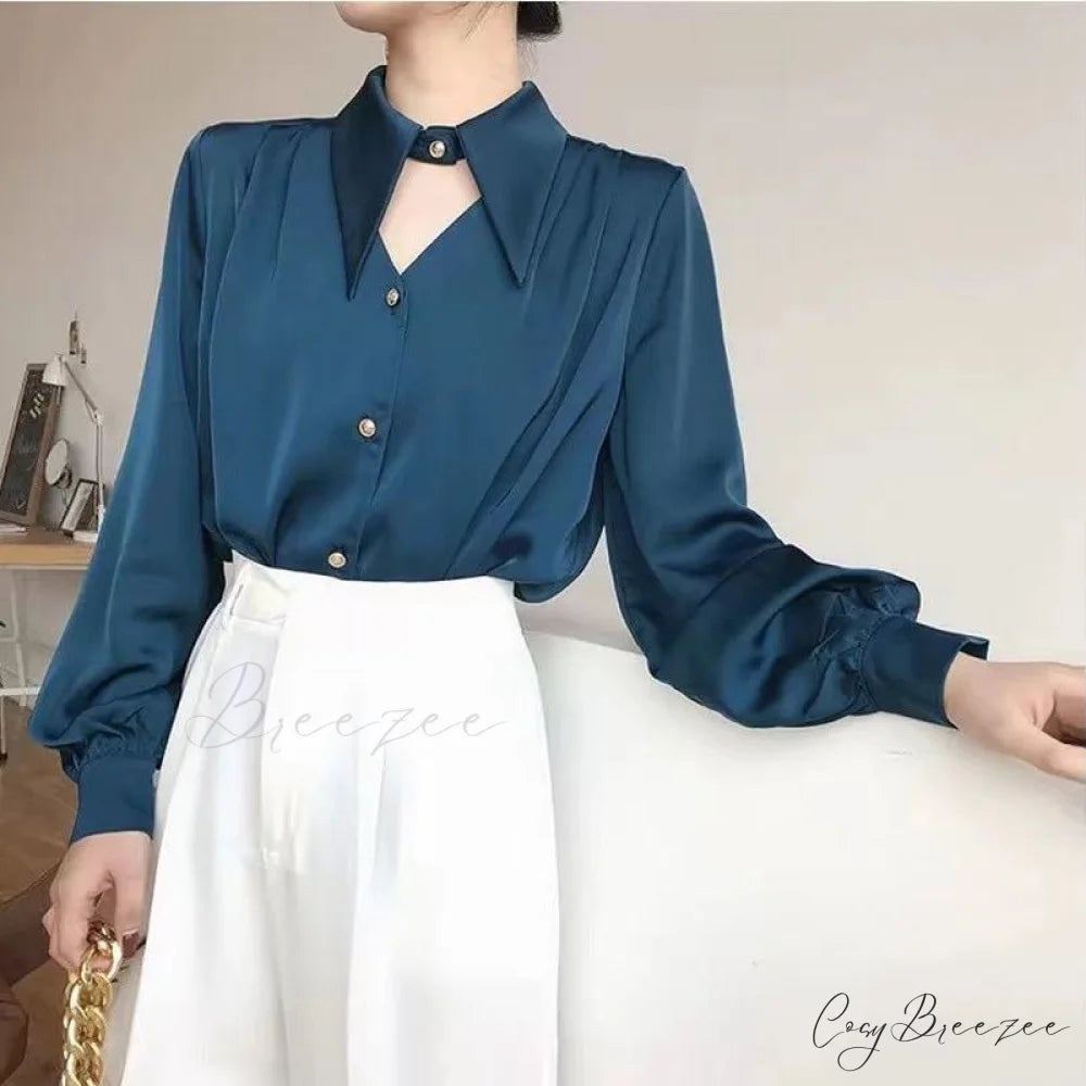 Top Arm Chic Spring Elegant Neckline Turn-down OL Long Blouse Women’s Blouse Clothing blue / S