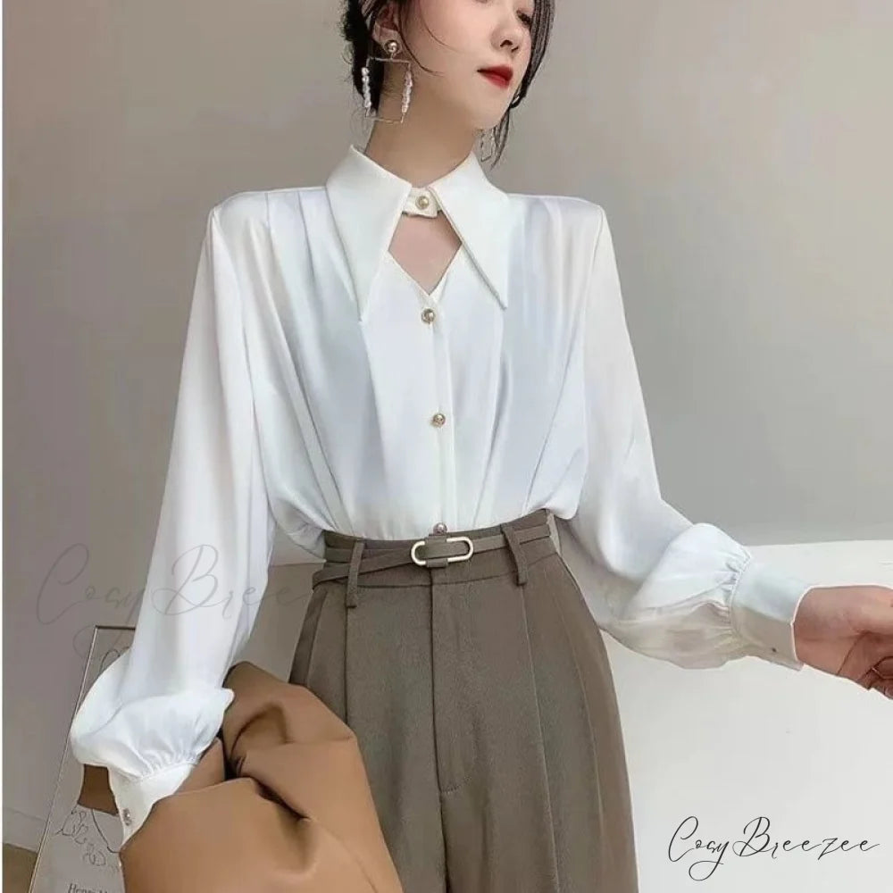 Top Arm Chic Spring Elegant Neckline Turn-down OL Long Blouse Women’s Blouse Clothing white / S