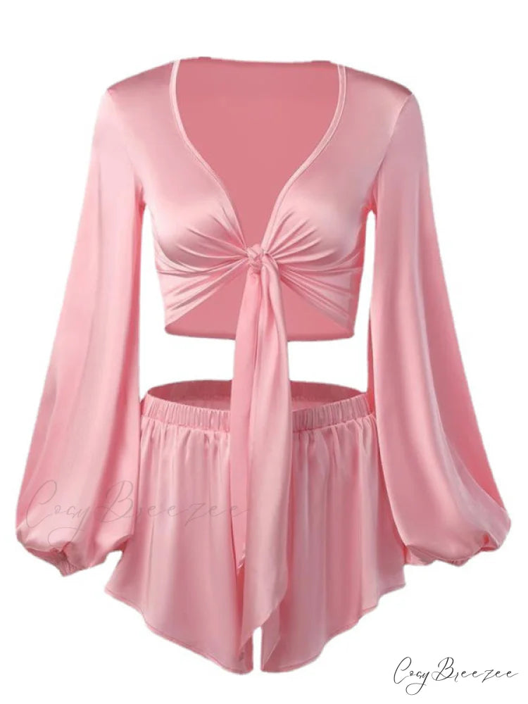 Top Arm V-Neck with Strappy Lantern Shorts Set Pink / S