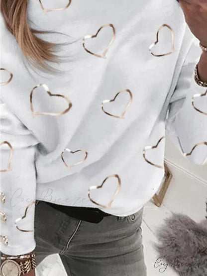 Top Beige Neck Street Pullover Spring Graphic Micro-elastic Sweatshirt White V Long & Arm Women’s Fall