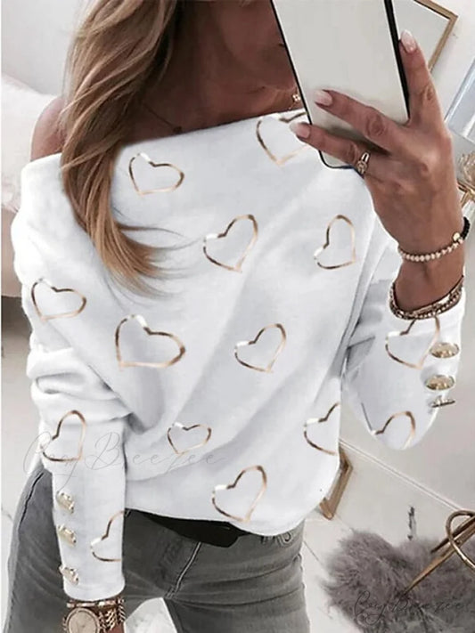 Top Beige Neck Street Pullover Spring Graphic Micro-elastic Sweatshirt White V Long & Arm Women’s Fall White / S