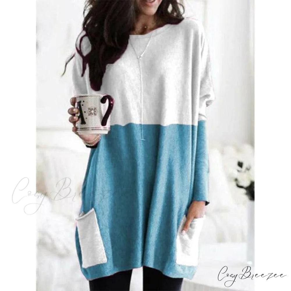 Top Long Arm T-Shirt Size Casual Women’s Plus Pocket Blouse Blue / S