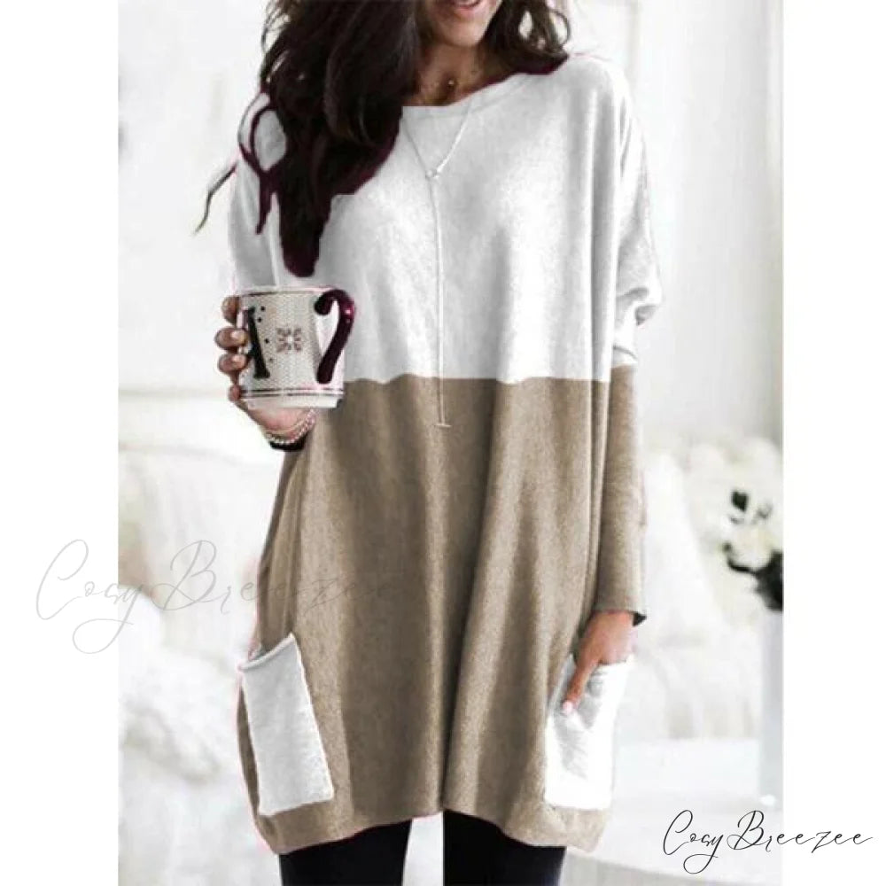 Top Long Arm T-Shirt Size Casual Women’s Plus Pocket Blouse Khaki / S