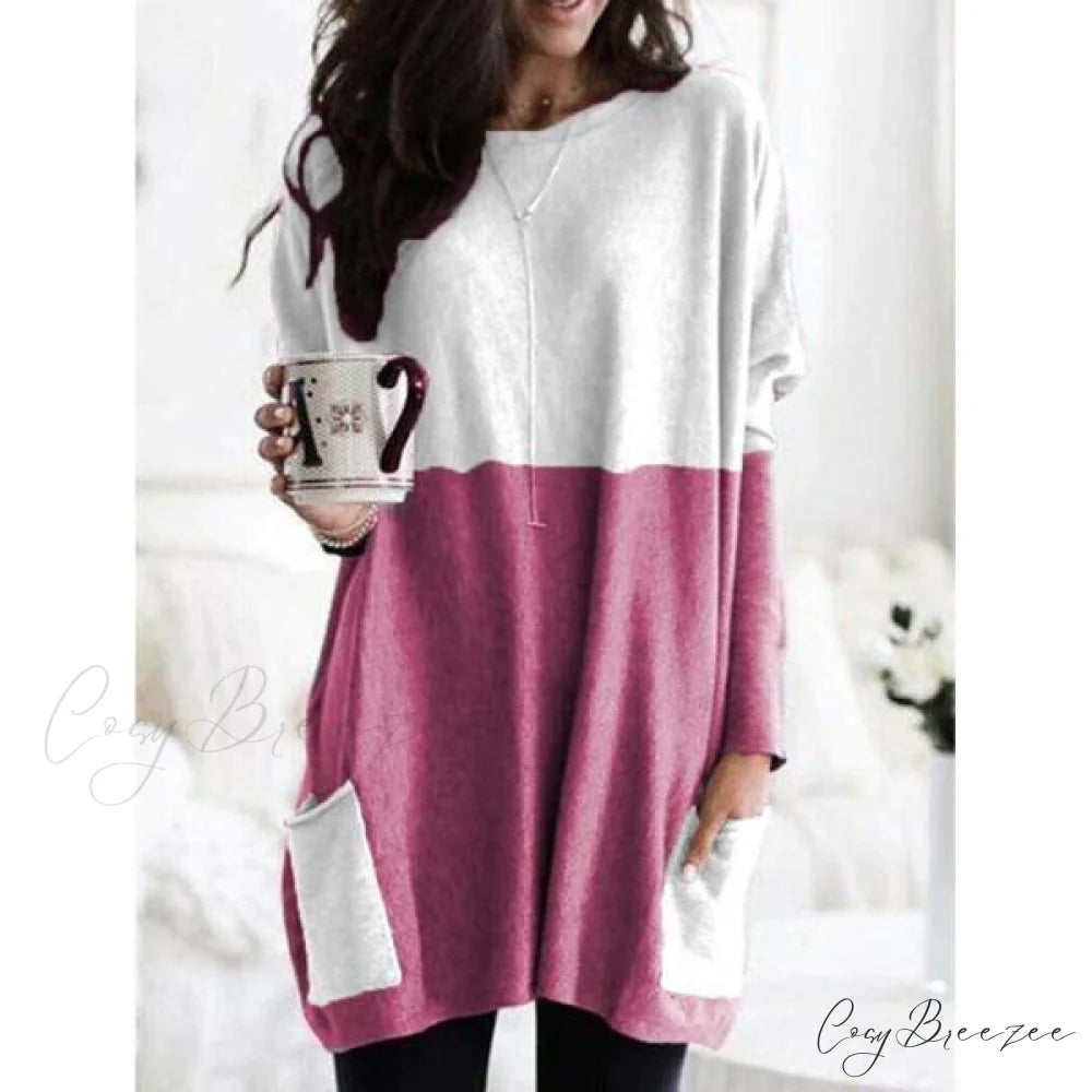 Top Long Arm T-Shirt Size Casual Women’s Plus Pocket Blouse Red / S