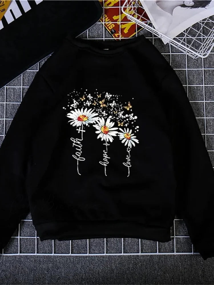 Top - & Neck Pullover Long Fall Black Pink - Round Sweatshirt Arm Butterfly Yellow - Women’s Flowered Winter