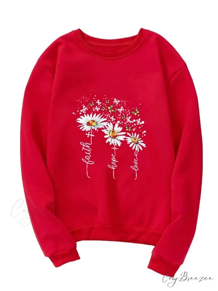 Top - & Neck Pullover Long Fall Black Pink - Round Sweatshirt Arm Butterfly Yellow - Women’s Flowered Winter Red / S