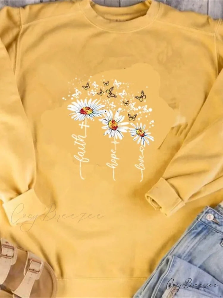Top - & Neck Pullover Long Fall Black Pink - Round Sweatshirt Arm Butterfly Yellow - Women’s Flowered Winter Yellow / S