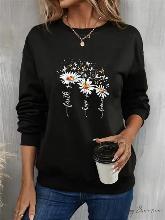 Top - & Neck Pullover Long Fall Black Pink - Round Sweatshirt Arm Butterfly Yellow - Women’s Flowered Winter Black / S