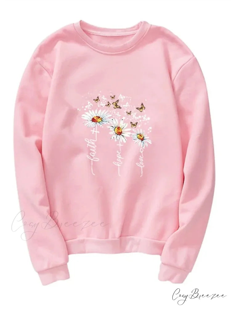 Top - & Neck Pullover Long Fall Black Pink - Round Sweatshirt Arm Butterfly Yellow - Women’s Flowered Winter Pink / S