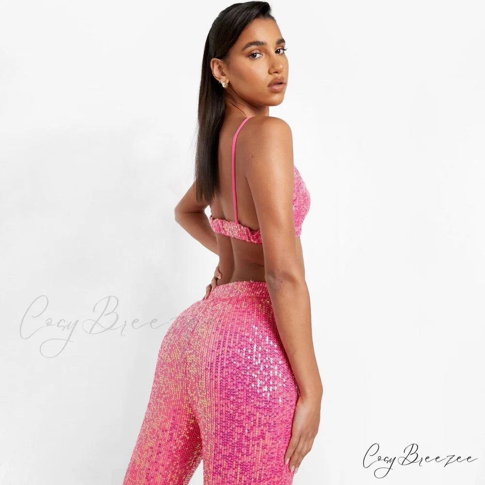 Top Sequin Blouse Sparkly and Pants Women Party Blouse Set Suit Two-Piece for - Outfit