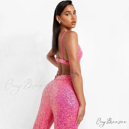 Top Sequin Blouse Sparkly and Pants Women Party Blouse Set Suit Two-Piece for - Outfit