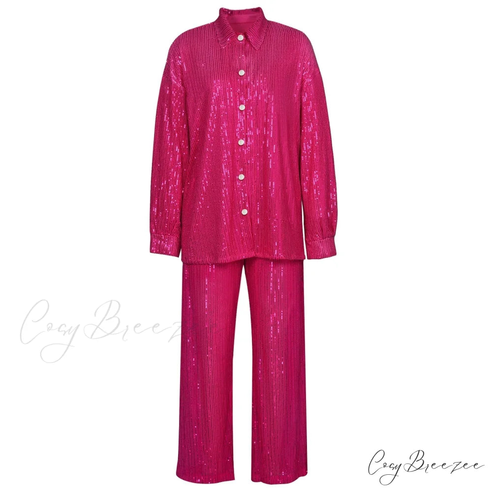 Top Sequin Blouse Sparkly and Pants Women Party Blouse Set Suit Two-Piece for - Outfit
