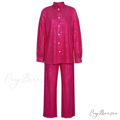 Top Sequin Blouse Sparkly and Pants Women Party Blouse Set Suit Two-Piece for - Outfit