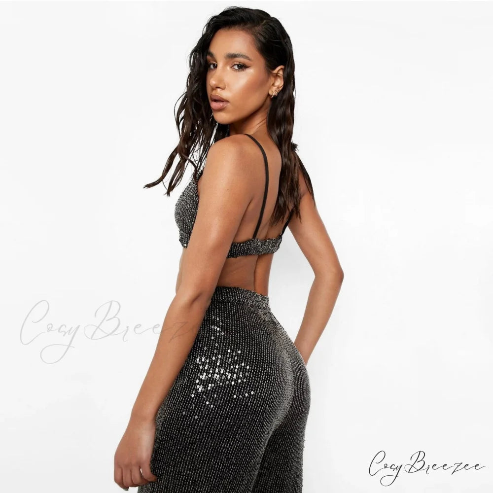 Top Sequin Blouse Sparkly and Pants Women Party Blouse Set Suit Two-Piece for - Outfit