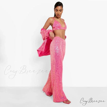 Top Sequin Blouse Sparkly and Pants Women Party Blouse Set Suit Two-Piece for - Outfit