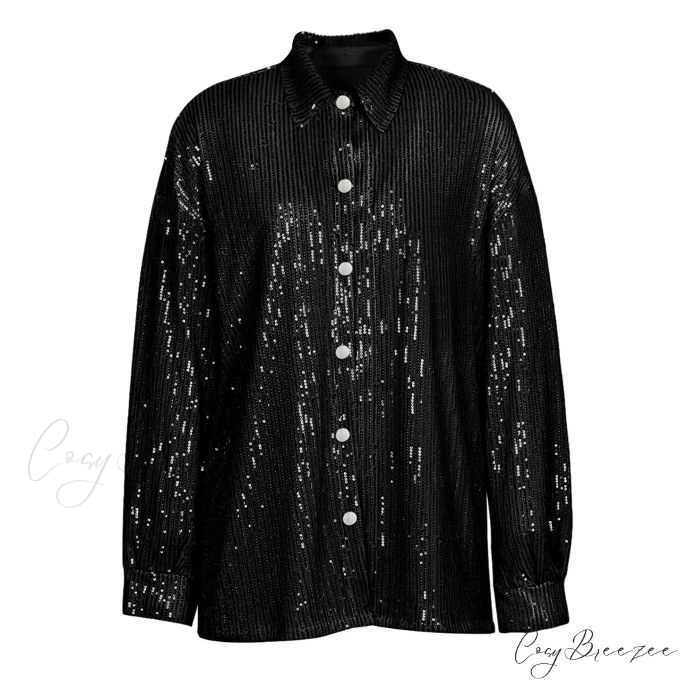 Top Sequin Blouse Sparkly and Pants Women Party Blouse Set Suit Two-Piece for - Outfit Black Shirt / S