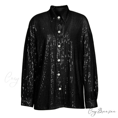 Top Sequin Blouse Sparkly and Pants Women Party Blouse Set Suit Two-Piece for - Outfit Black Shirt / S