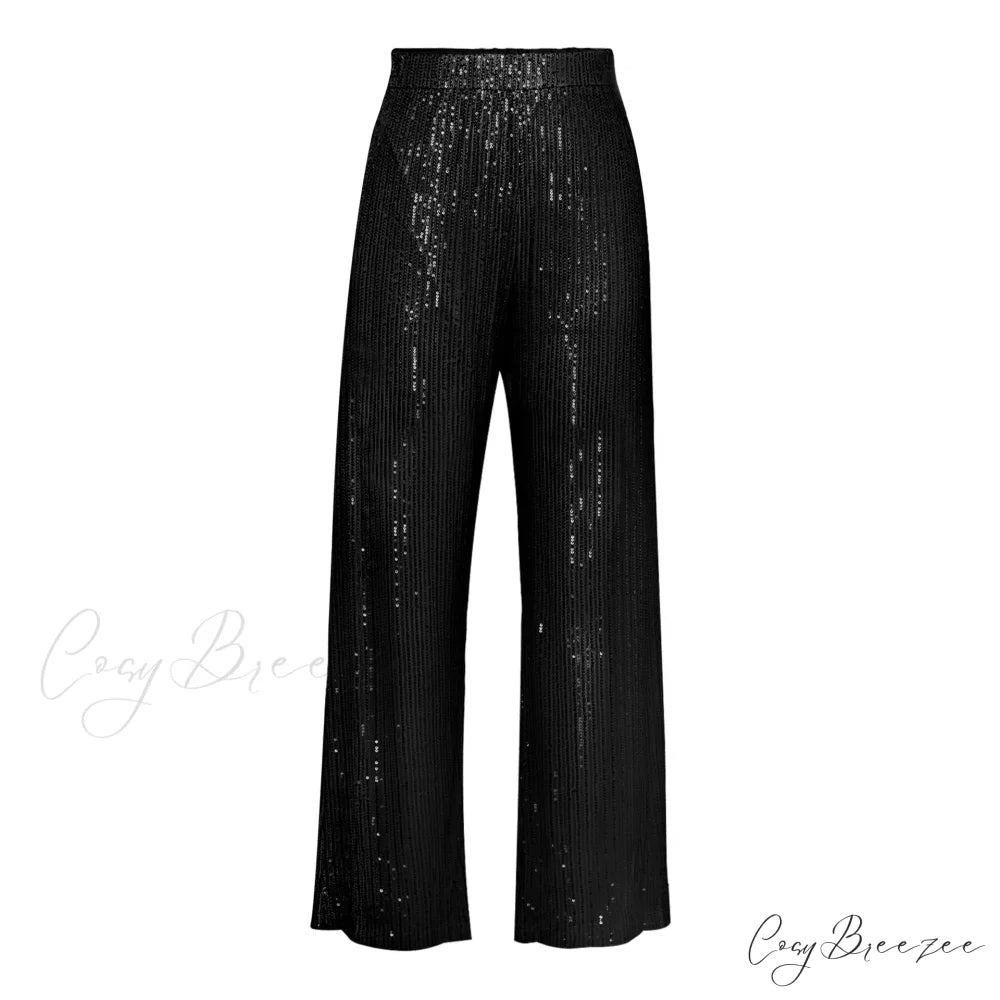 Top Sequin Blouse Sparkly and Pants Women Party Blouse Set Suit Two-Piece for - Outfit Black Trousers / S