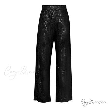 Top Sequin Blouse Sparkly and Pants Women Party Blouse Set Suit Two-Piece for - Outfit Black Trousers / S