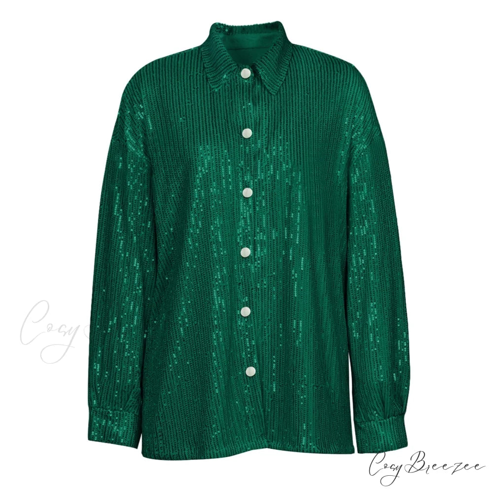 Top Sequin Blouse Sparkly and Pants Women Party Blouse Set Suit Two-Piece for - Outfit Green Shirt / S