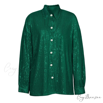 Top Sequin Blouse Sparkly and Pants Women Party Blouse Set Suit Two-Piece for - Outfit Green Shirt / S