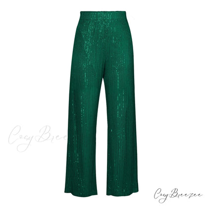 Top Sequin Blouse Sparkly and Pants Women Party Blouse Set Suit Two-Piece for - Outfit Green Trousers / S
