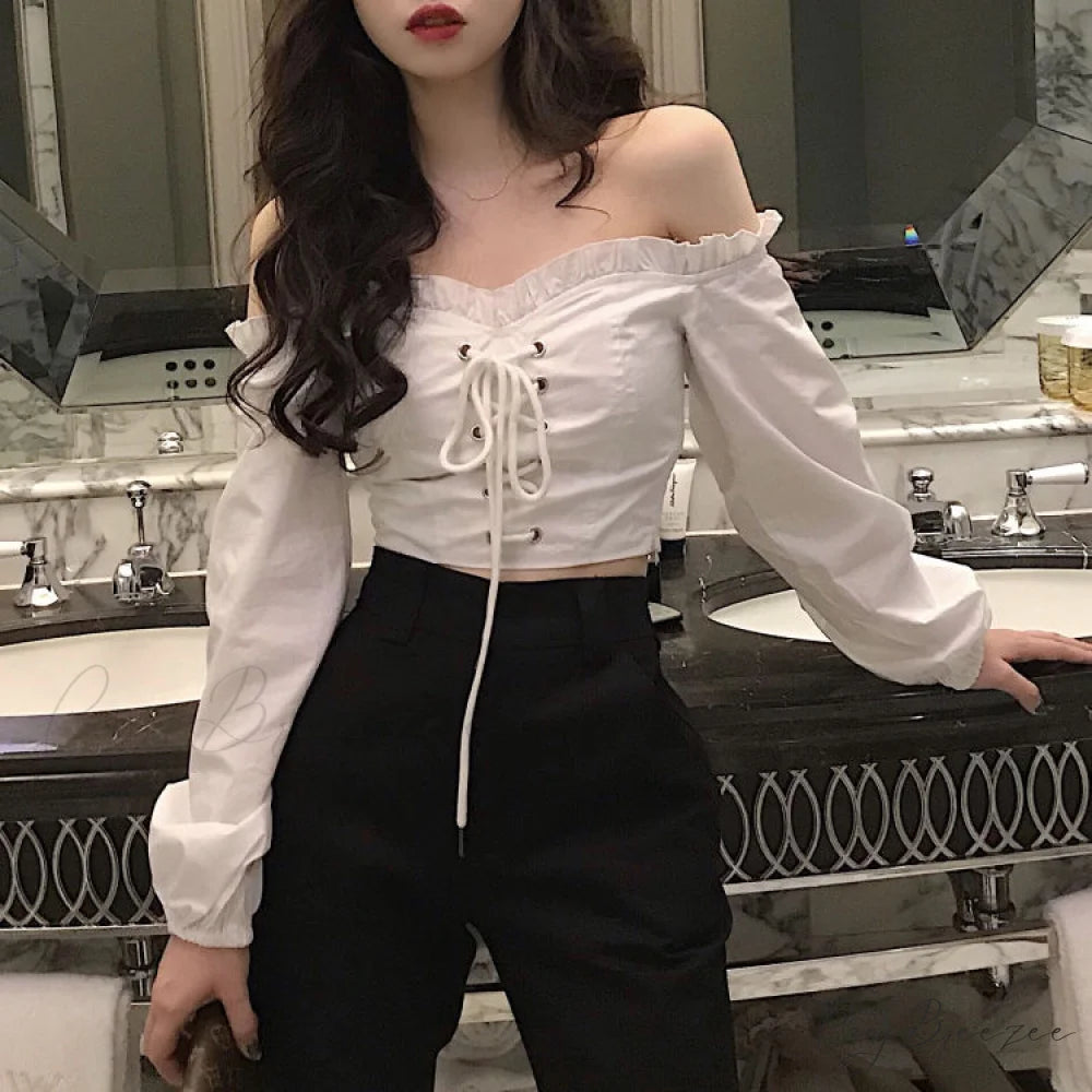 Top Sleeves Lace Ruffle Puff Tops Long Tops Crop Vintage Arm Up Bandage Blouse Shoulder Ladies Black Off With White