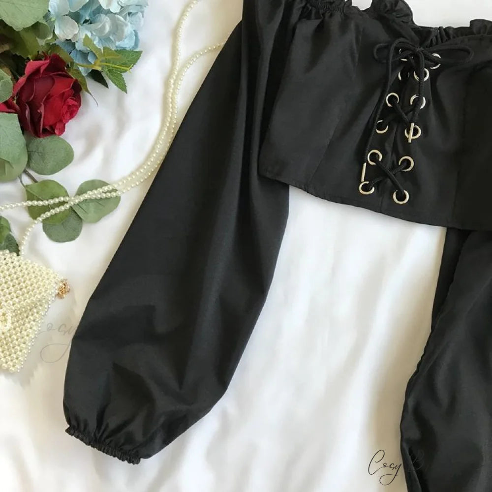 Top Sleeves Lace Ruffle Puff Tops Long Tops Crop Vintage Arm Up Bandage Blouse Shoulder Ladies Black Off With White