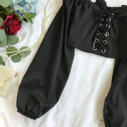 Top Sleeves Lace Ruffle Puff Tops Long Tops Crop Vintage Arm Up Bandage Blouse Shoulder Ladies Black Off With White