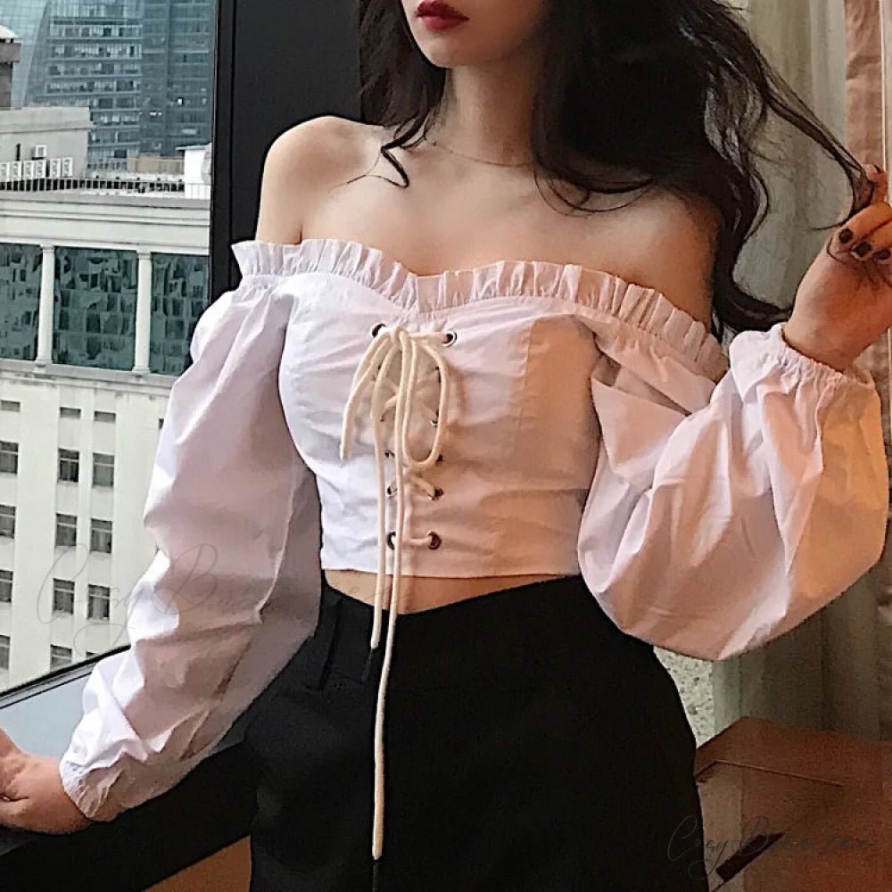 Top Sleeves Lace Ruffle Puff Tops Long Tops Crop Vintage Arm Up Bandage Blouse Shoulder Ladies Black Off With White