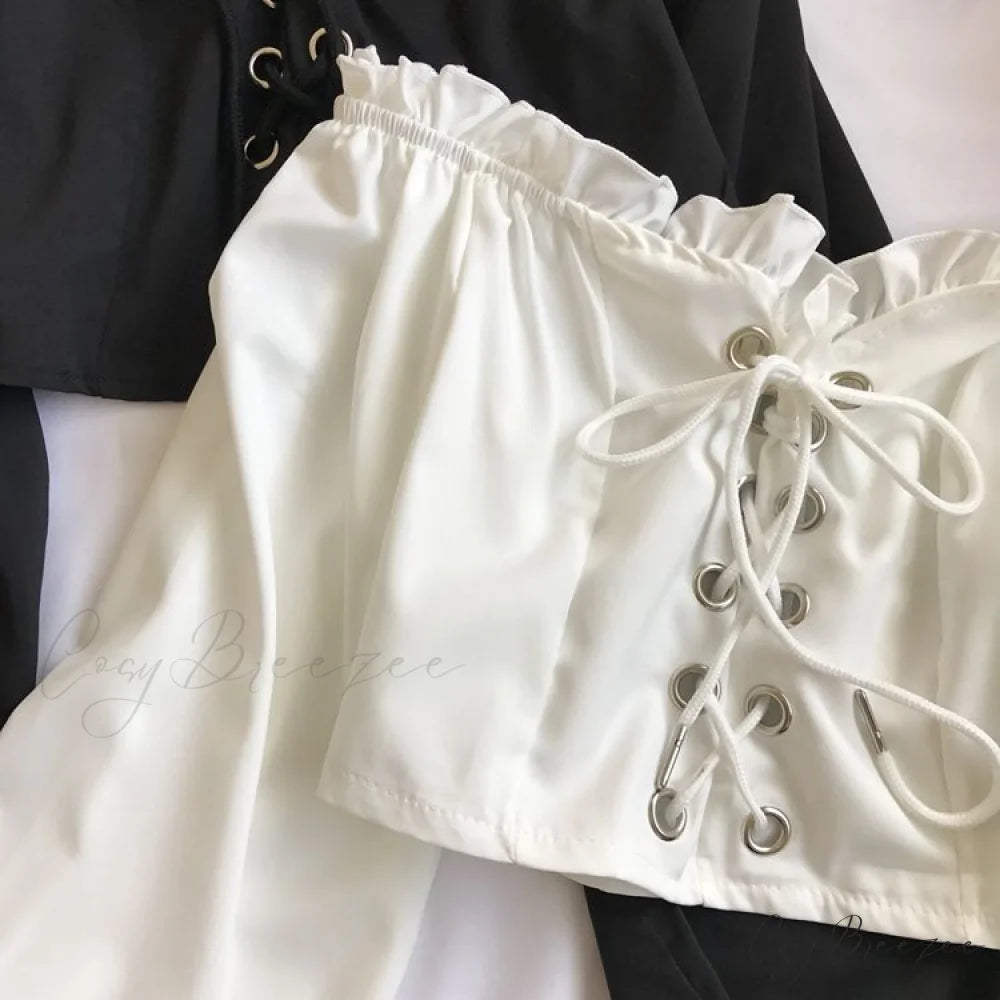 Top Sleeves Lace Ruffle Puff Tops Long Tops Crop Vintage Arm Up Bandage Blouse Shoulder Ladies Black Off With White
