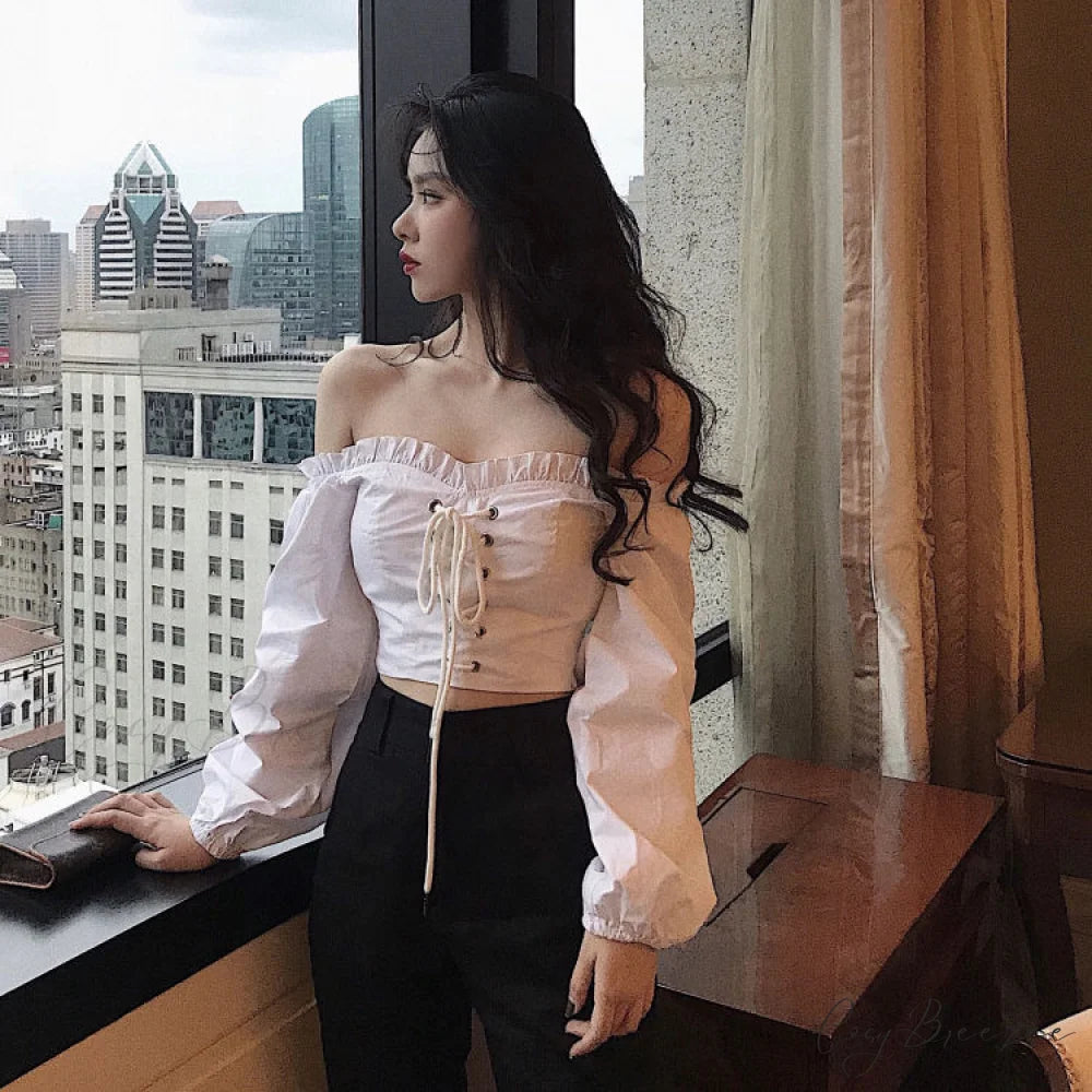 Top Sleeves Lace Ruffle Puff Tops Long Tops Crop Vintage Arm Up Bandage Blouse Shoulder Ladies Black Off With White