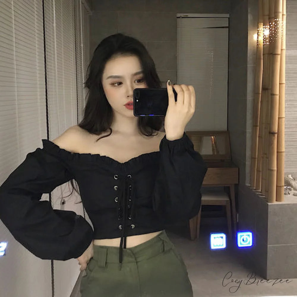 Top Sleeves Lace Ruffle Puff Tops Long Tops Crop Vintage Arm Up Bandage Blouse Shoulder Ladies Black Off With White One