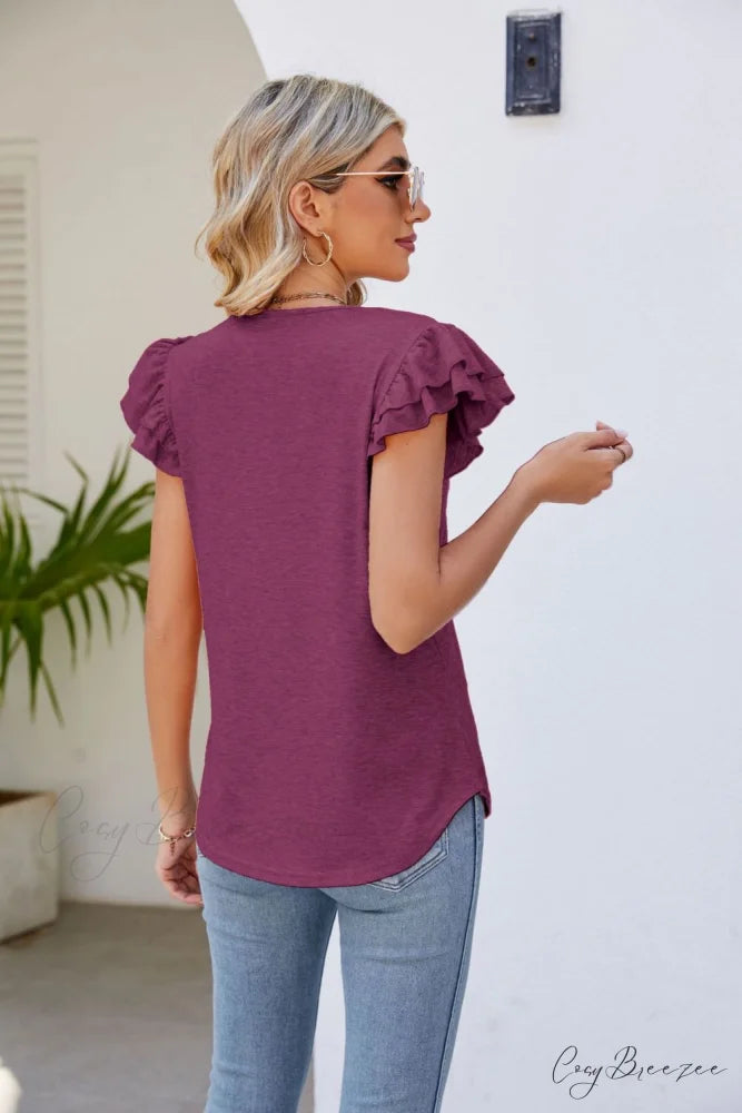 Top Smocked Flutter V-Neck with Arm Detail