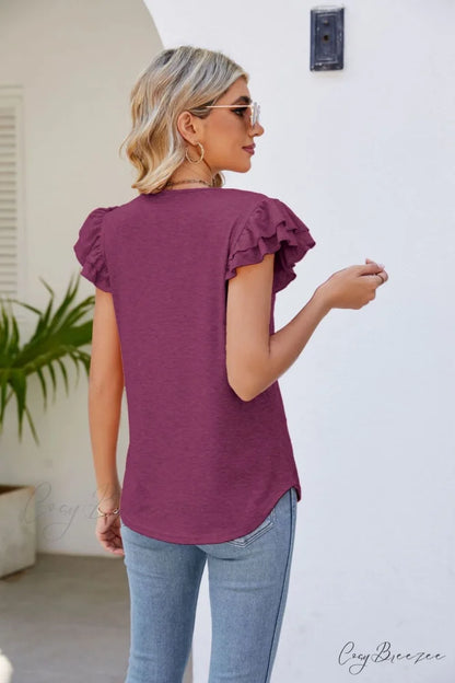 Top Smocked Flutter V-Neck with Arm Detail