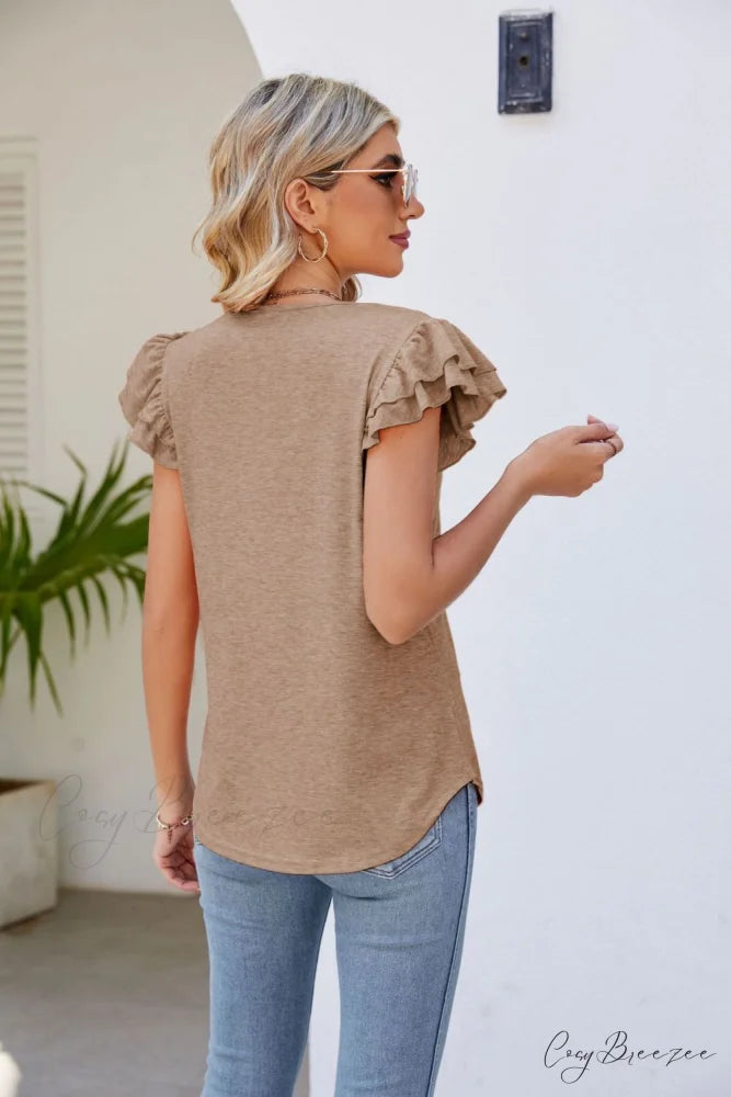 Top Smocked Flutter V-Neck with Arm Detail