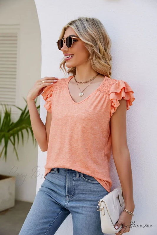 Top Smocked Flutter V-Neck with Arm Detail Sherbet / S