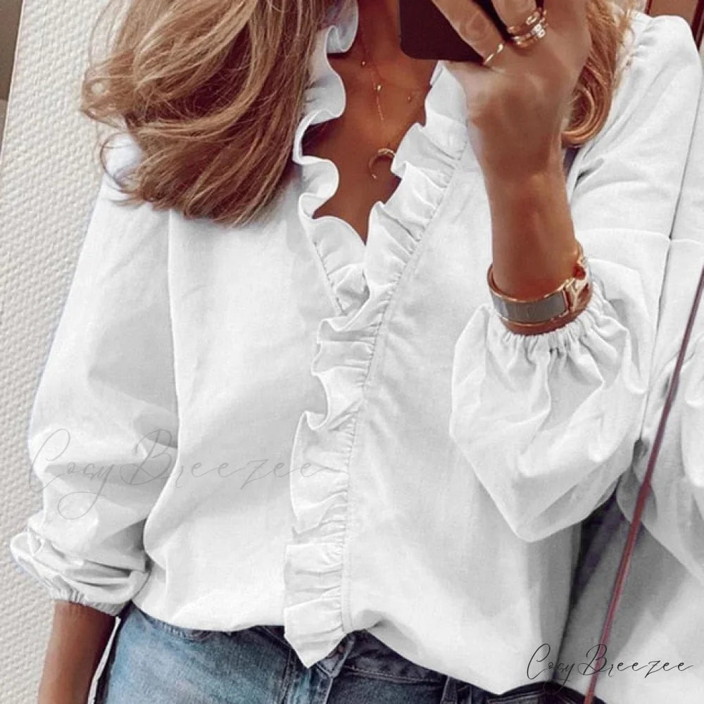 Top Solid Long Arm Blouse White Elegant Women’s Color Femme Chemise Streetwear S / White long